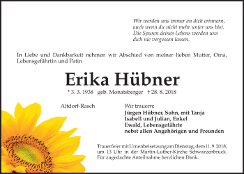 Traueranzeige von Erika Hübner von Der Bote