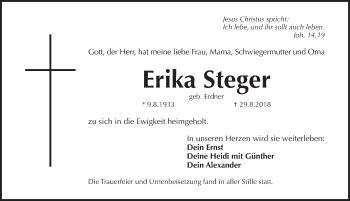 Traueranzeige von Erika Steger von Pegnitz-Zeitung