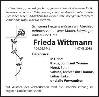 Traueranzeige von Frieda Wittmann von Hersbrucker Zeitung