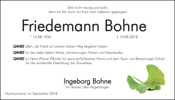 Traueranzeige von Friedemann Bohne von Hersbrucker Zeitung