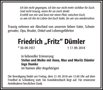 Traueranzeige von Friedrich Dümler von Pegnitz-Zeitung
