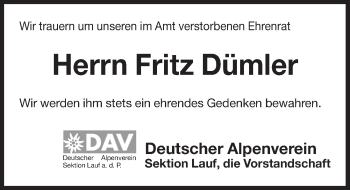 Traueranzeige von Fritz Dümler von Pegnitz-Zeitung