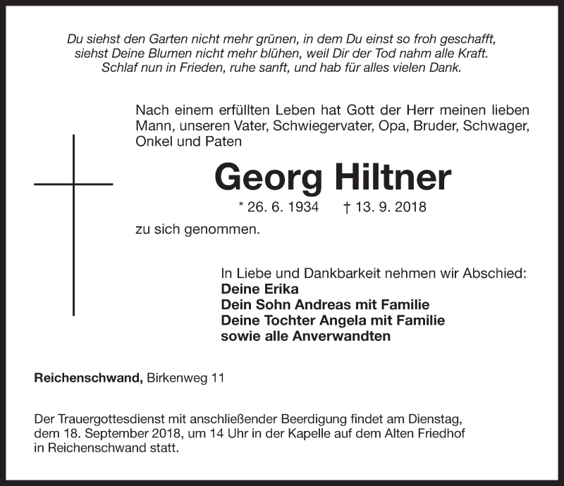  Traueranzeige für Georg Hiltner vom 17.09.2018 aus Hersbrucker Zeitung