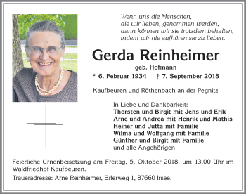 Traueranzeige von Gerda Reinheimer von Pegnitz-Zeitung