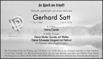 Traueranzeige von Gerhard Satt von Pegnitz-Zeitung