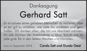 Traueranzeige von Gerhard Satt von Pegnitz-Zeitung