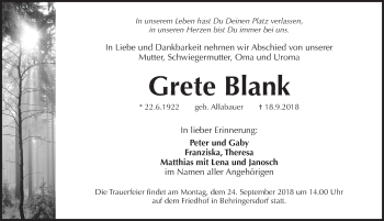 Traueranzeige von Grete Blank von Pegnitz-Zeitung