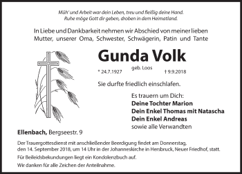 Traueranzeige von Gunda Volk von Hersbrucker Zeitung