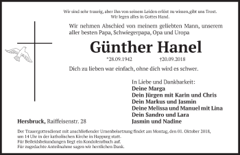 Traueranzeige von Günther Hanel von Hersbrucker Zeitung