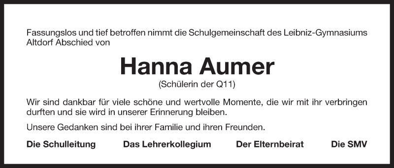  Traueranzeige für Hanna Aumer vom 08.09.2018 aus Der Bote
