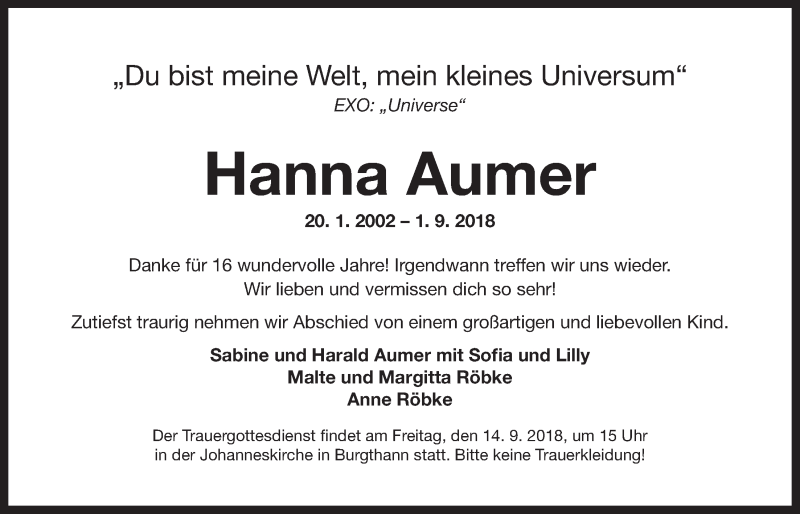  Traueranzeige für Hanna Aumer vom 08.09.2018 aus Der Bote