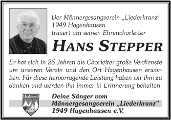 Traueranzeige von Hans  Stepper von Der Bote