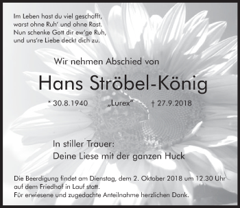 Traueranzeige von Hans Ströbel-König von Pegnitz-Zeitung