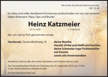 Traueranzeige von Heinz Katzmeier von Hersbrucker Zeitung