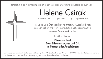 Traueranzeige von Helene Csirak von Hersbrucker Zeitung
