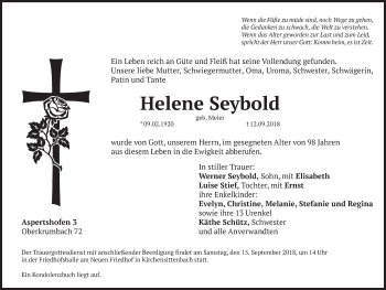 Traueranzeige von Helene Seybold von Hersbrucker Zeitung