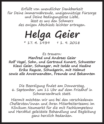 Traueranzeige von Helga Geier von Der Bote