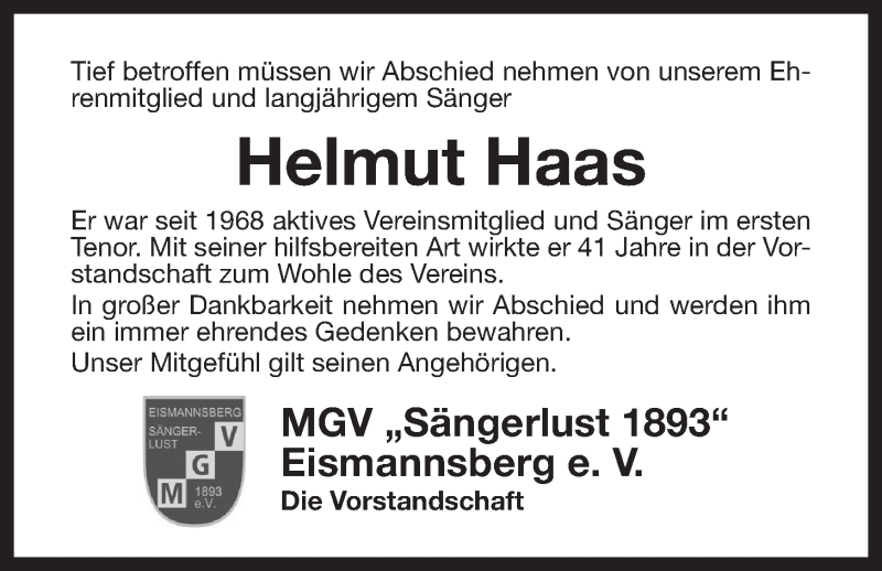  Traueranzeige für Helmut Haas vom 12.09.2018 aus Der Bote
