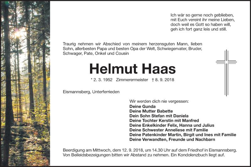  Traueranzeige für Helmut Haas vom 11.09.2018 aus Der Bote