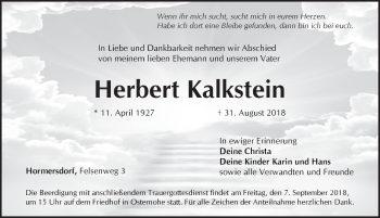Traueranzeige von Herbert Kalkstein von Pegnitz-Zeitung