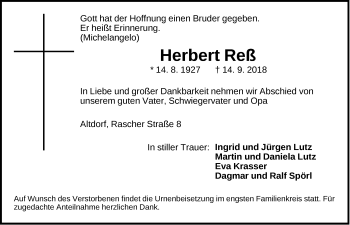 Traueranzeige von Herbert Reß von Der Bote