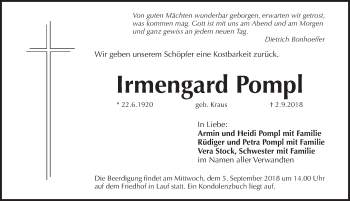 Traueranzeige von Irmengard Pompl von Pegnitz-Zeitung