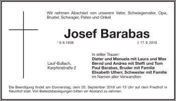 Traueranzeige von Josef Barabas von Pegnitz-Zeitung