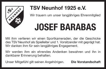 Traueranzeige von Josef Barabas von Pegnitz-Zeitung