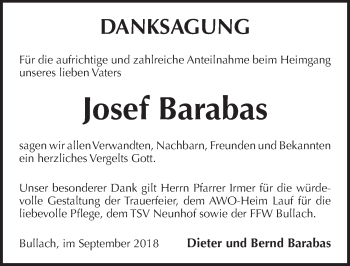 Traueranzeige von Josef Barabas von Pegnitz-Zeitung