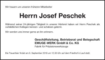 Traueranzeige von Josef Peschek von Pegnitz-Zeitung