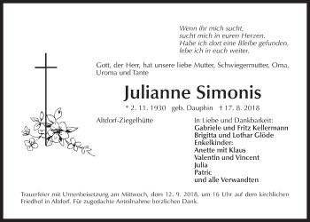 Traueranzeige von Julianne Simonis von Der Bote