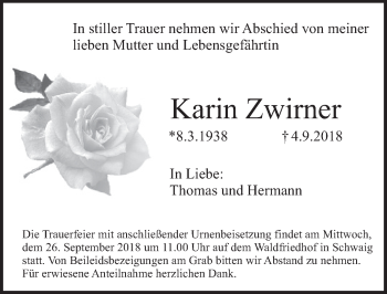 Traueranzeige von Karin Zwirner von Pegnitz-Zeitung