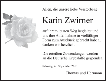 Traueranzeige von Karin Zwirner von Pegnitz-Zeitung