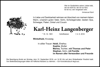 Traueranzeige von Karl-Heinz Langenberger von Der Bote