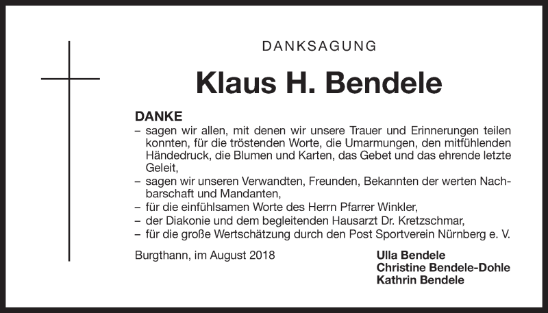  Traueranzeige für Klaus H. Bendele vom 01.09.2018 aus Der Bote