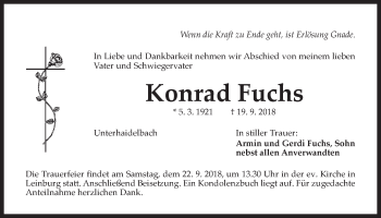 Traueranzeige von Konrad Fuchs von Der Bote