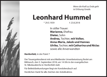 Traueranzeige von Leonhard Hummel von Hersbrucker Zeitung