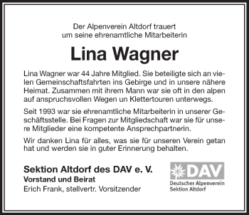 Traueranzeige von Lina Wagner von Der Bote