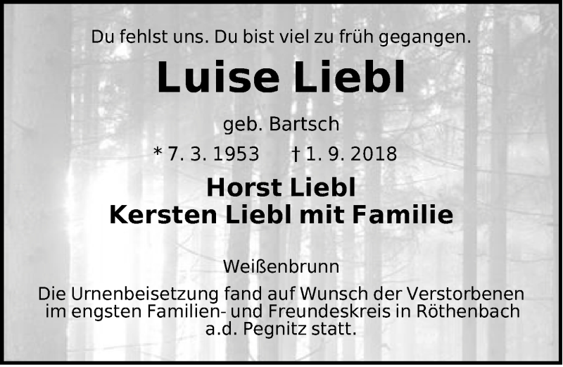  Traueranzeige für Luise Liebl vom 22.09.2018 aus Pegnitz-Zeitung