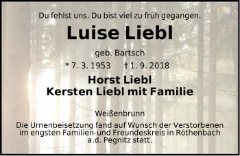 Traueranzeige von Luise Liebl von Hersbrucker Zeitung