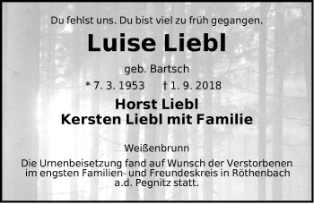 Traueranzeige von Luise Liebl von Pegnitz-Zeitung