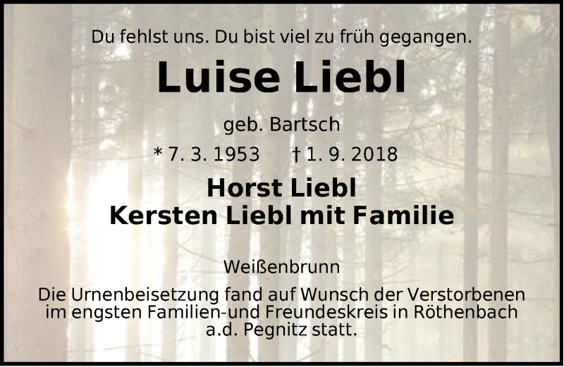  Traueranzeige für Luise Liebl vom 22.09.2018 aus Hersbrucker Zeitung