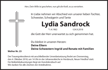 Traueranzeige von Lydia Sandrock von Hersbrucker Zeitung