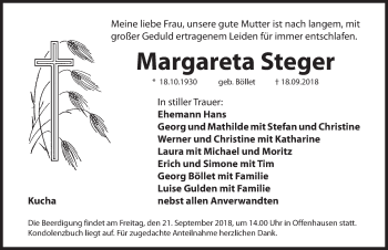 Traueranzeige von Margareta Steger von Hersbrucker Zeitung