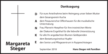 Traueranzeige von Margareta Steger von Hersbrucker Zeitung