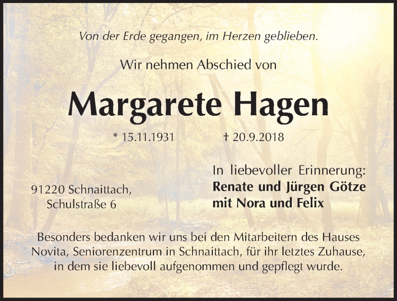  Traueranzeige für Margarete Hagen vom 22.09.2018 aus Pegnitz-Zeitung