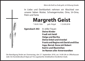 Traueranzeige von Margreth Geist von Hersbrucker Zeitung