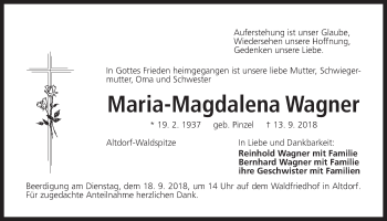 Traueranzeige von Maria-Magdalena Wagner von Der Bote