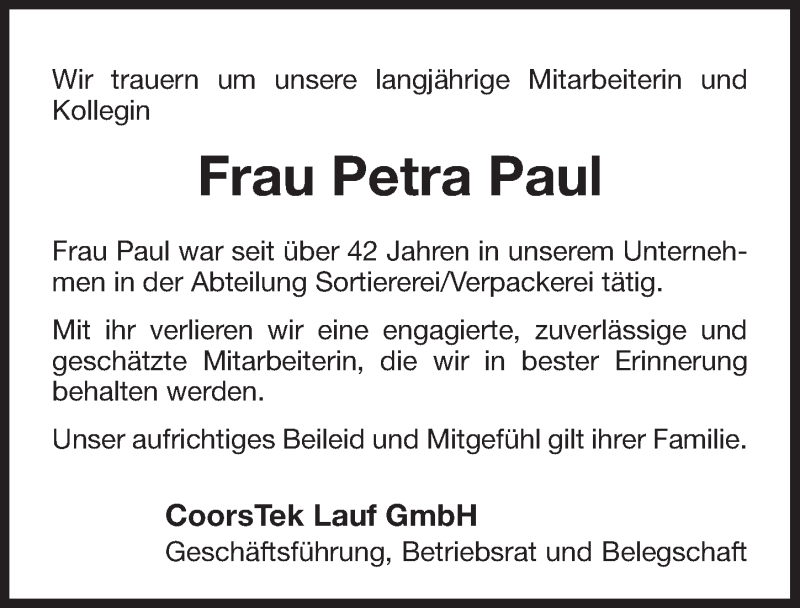  Traueranzeige für Petra Paul vom 19.09.2018 aus Pegnitz-Zeitung