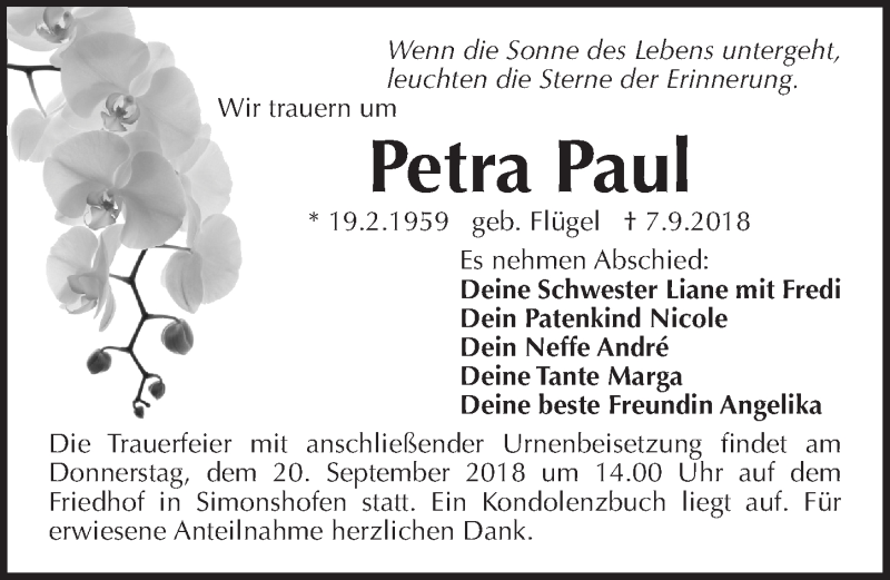  Traueranzeige für Petra Paul vom 15.09.2018 aus Pegnitz-Zeitung